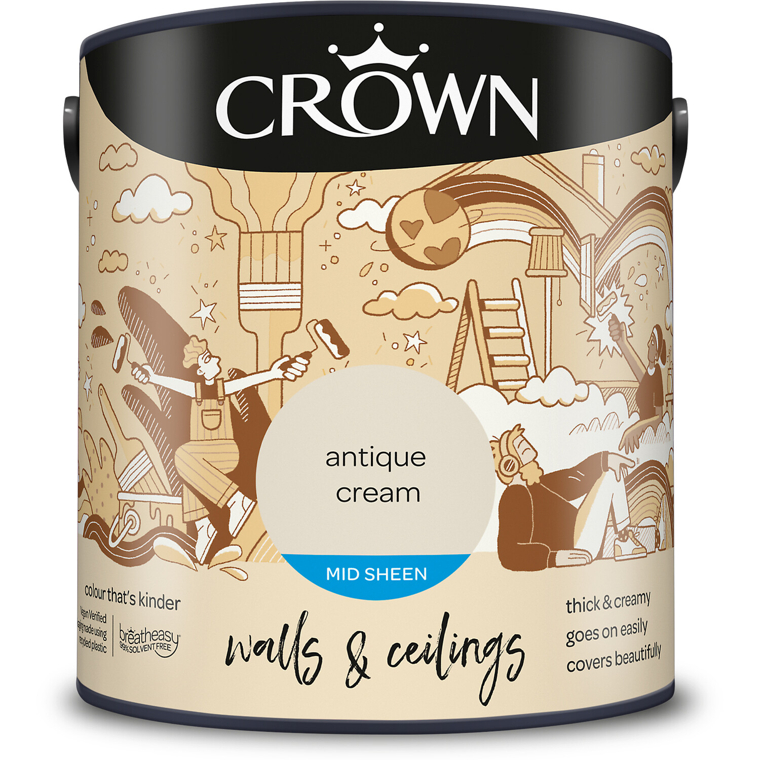 Crown Paints Crown Walls And Ceilings Mid Sheen Emulsion - Antique Cream / 2.5L