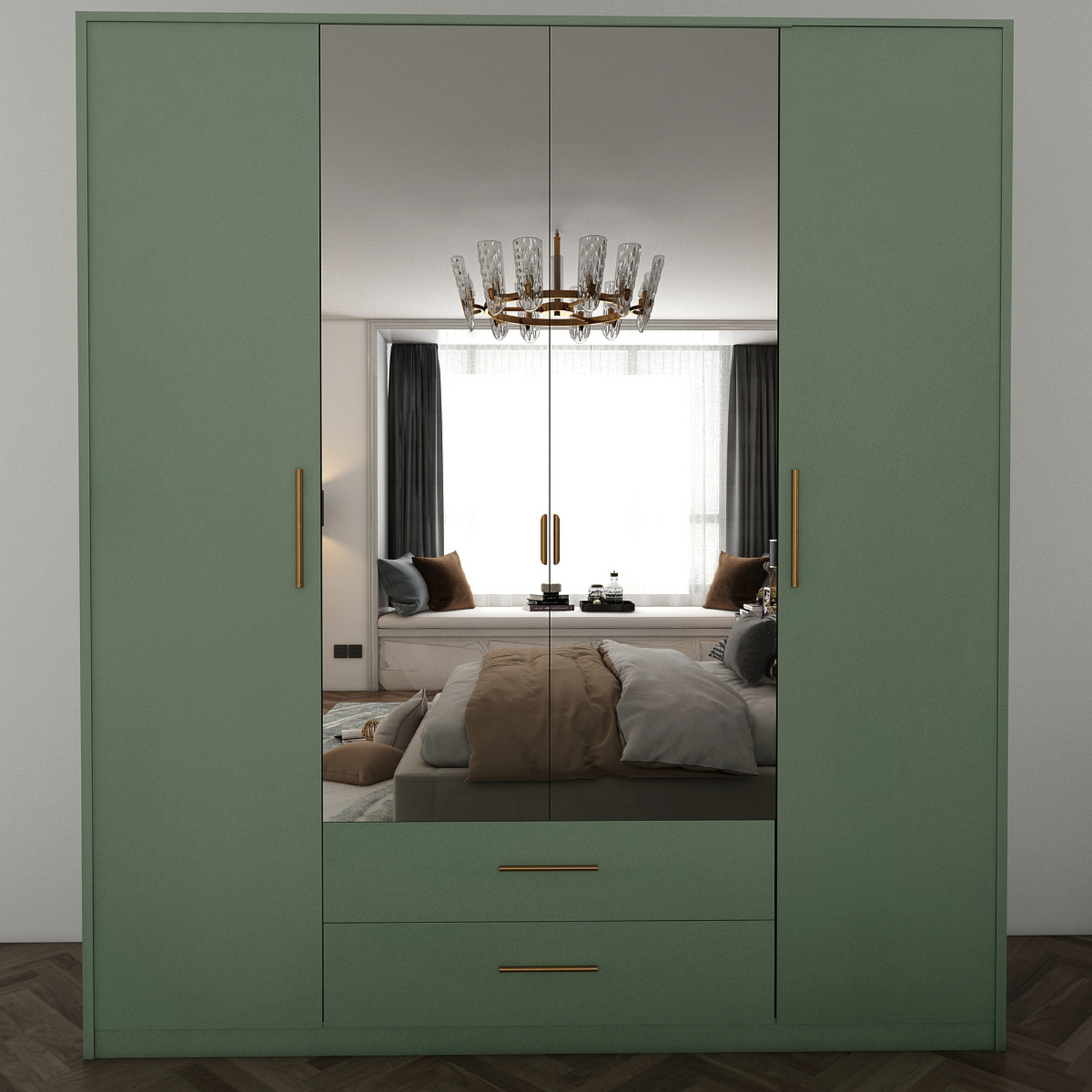 Green 4 Door 2 Drawer Wardrobe - Green
