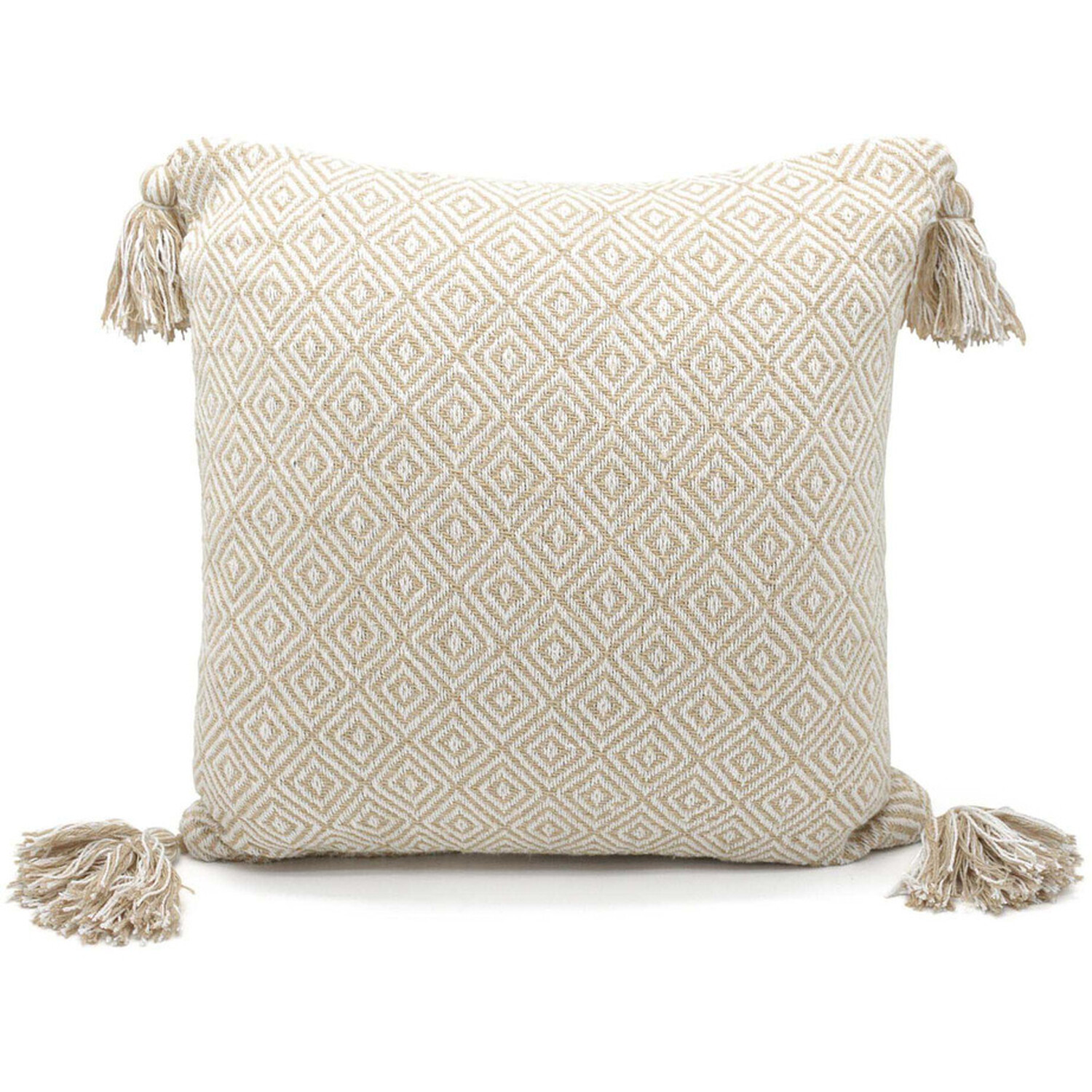 Shabby Chic Vintage Look Tassel Edge Cushion - Beige