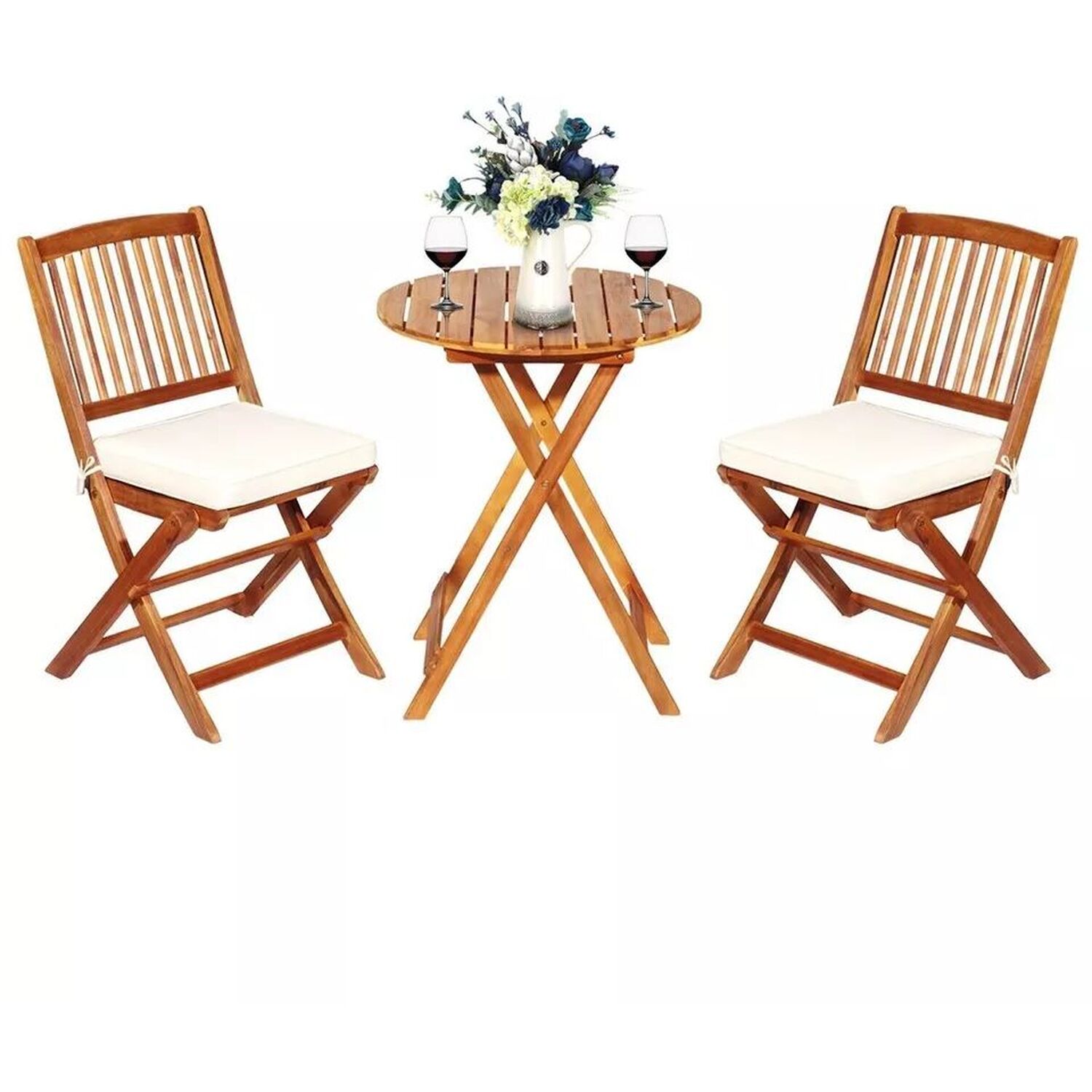 Outdoor Folding Bistro Set Garden Chair And Table Set With Cushions - Natural