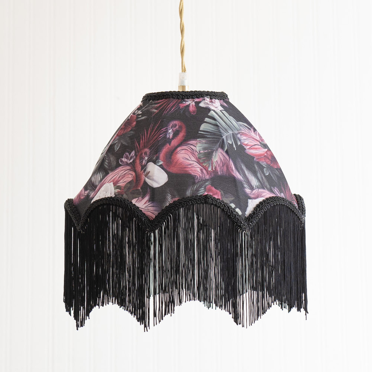 Rosette Flamingo Scalloped Ceiling Pendant Light Shade with Tassels and LED Bulb - Black