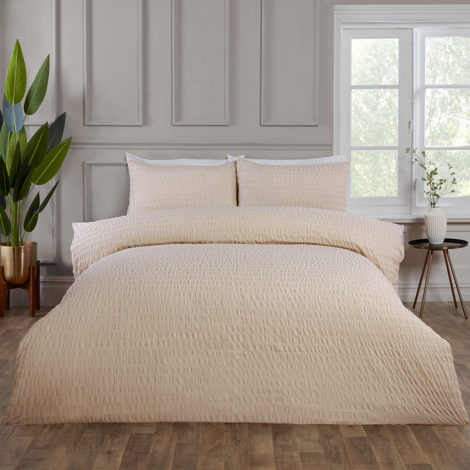 Seersucker Polycotton Duvet Cover Set with Pillowcase - Brown / Single / 3.50cm