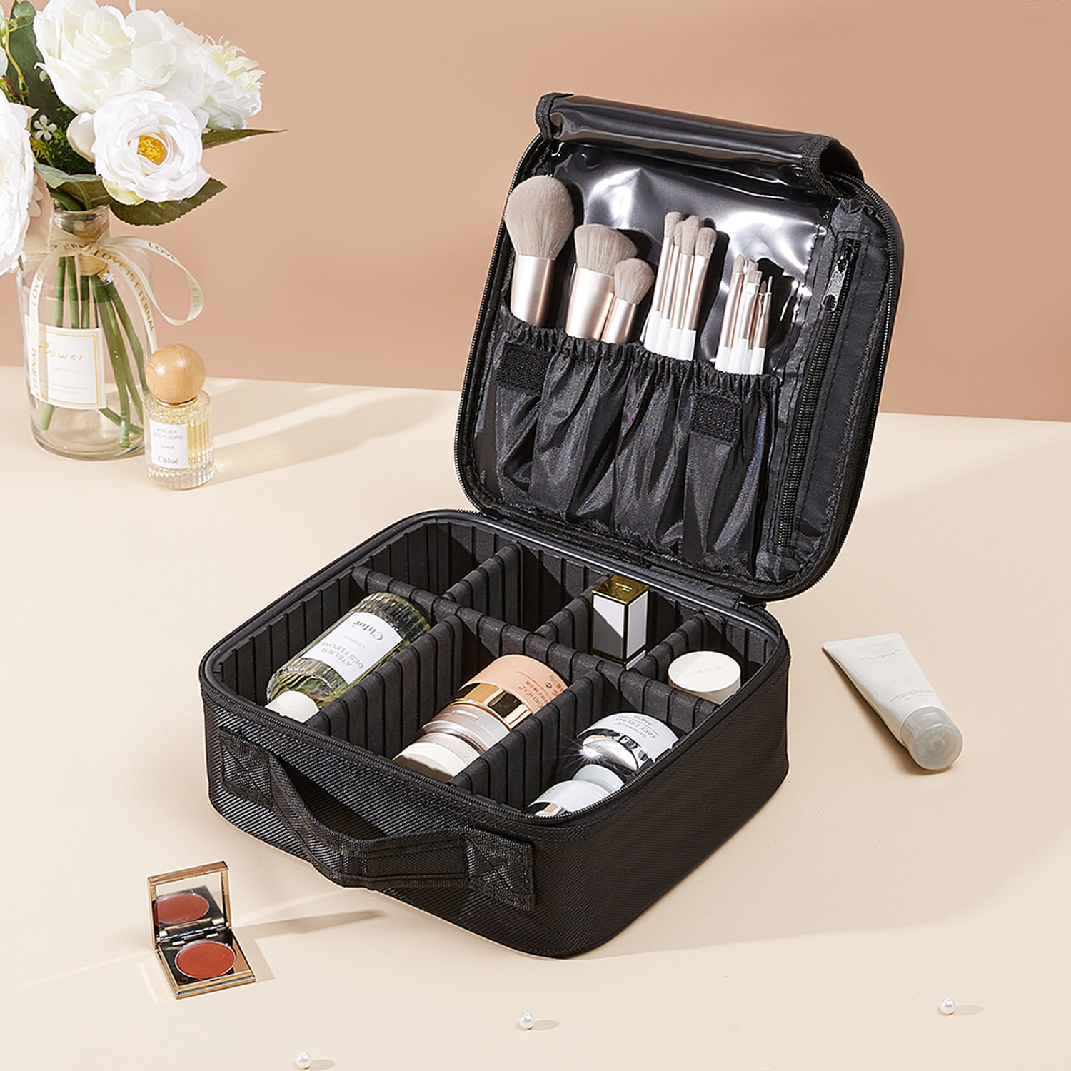 Oxford fabric Waterproof Portable Travel Makeup Bag  - Black