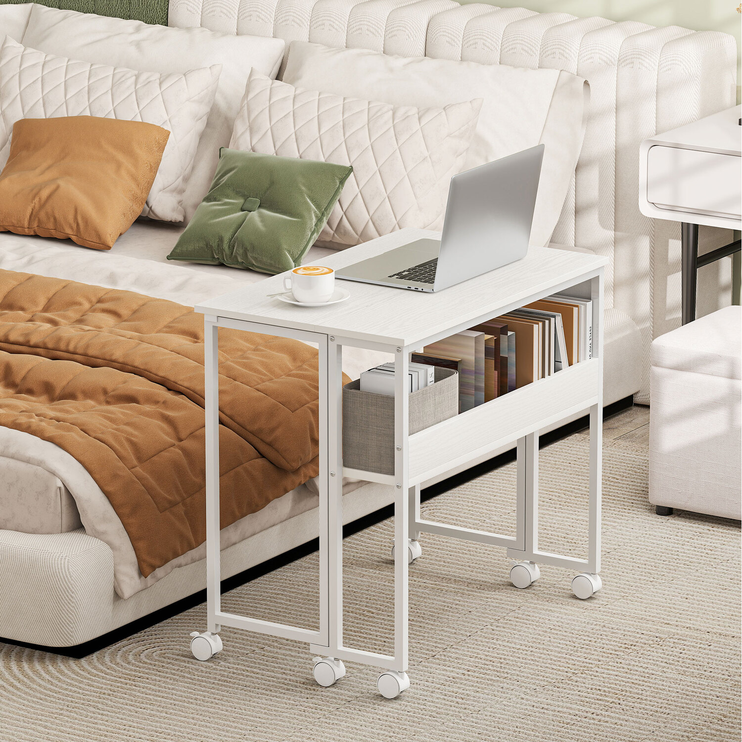 Homcom Folding Desk With Open Shelf And Storage Bag On Wheels - White