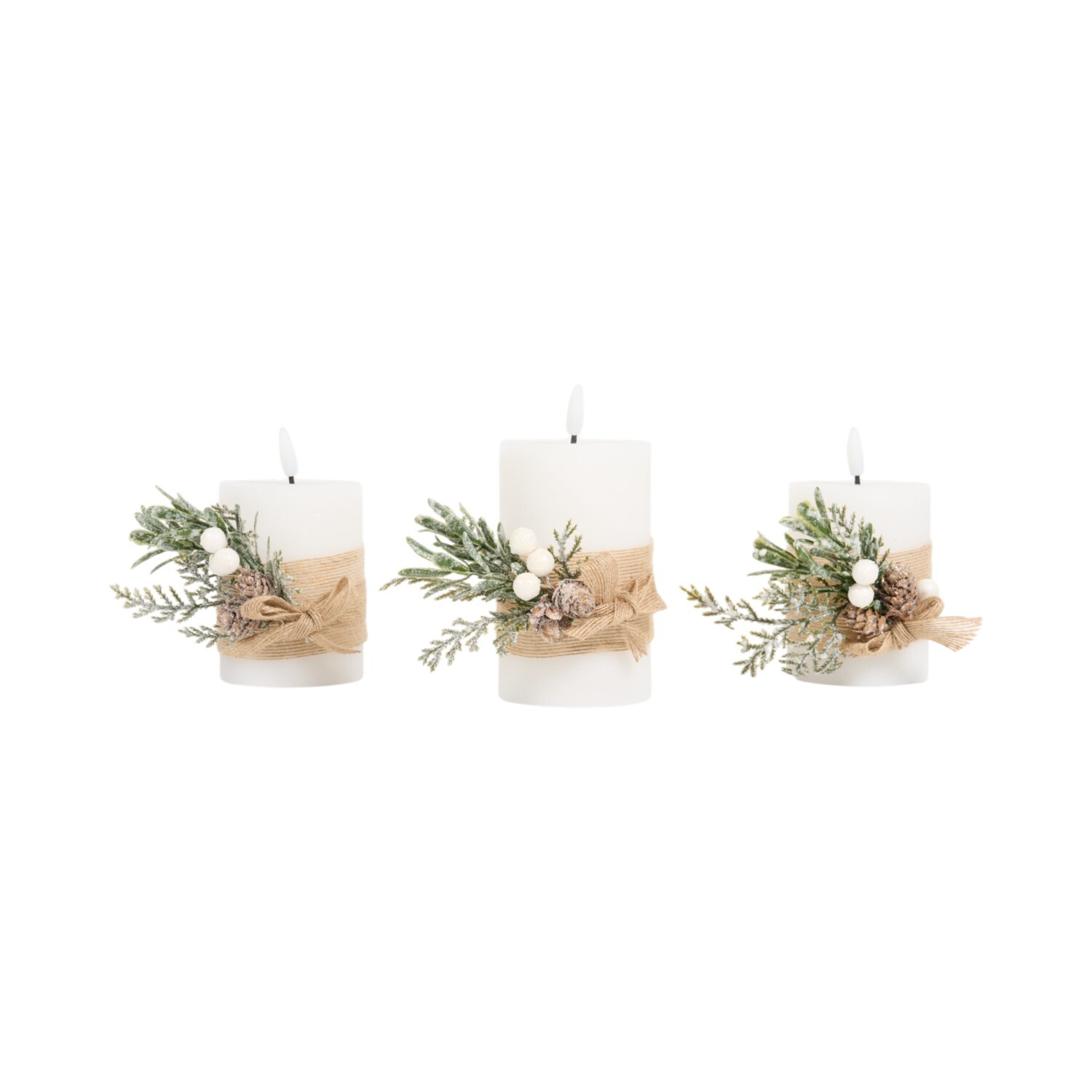 Set of 3 Hessian Pine LED Candles - White