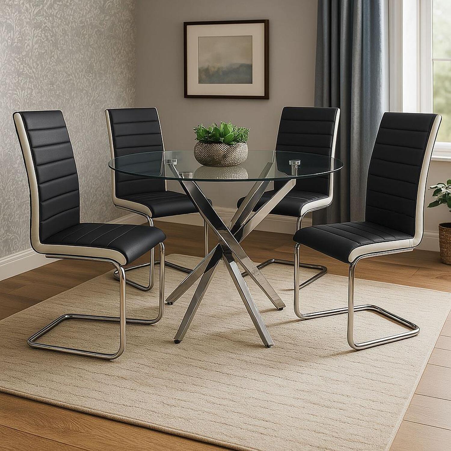 Round Glass Dining Table With Leather Chairs - Black