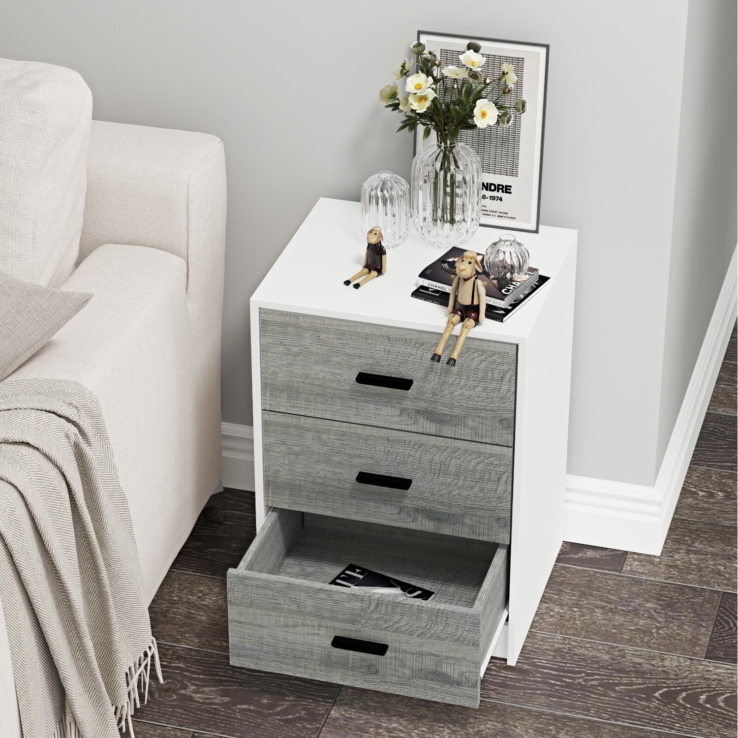 Wooden Bedside Cabinet - White Ash Grey Oak Drawers