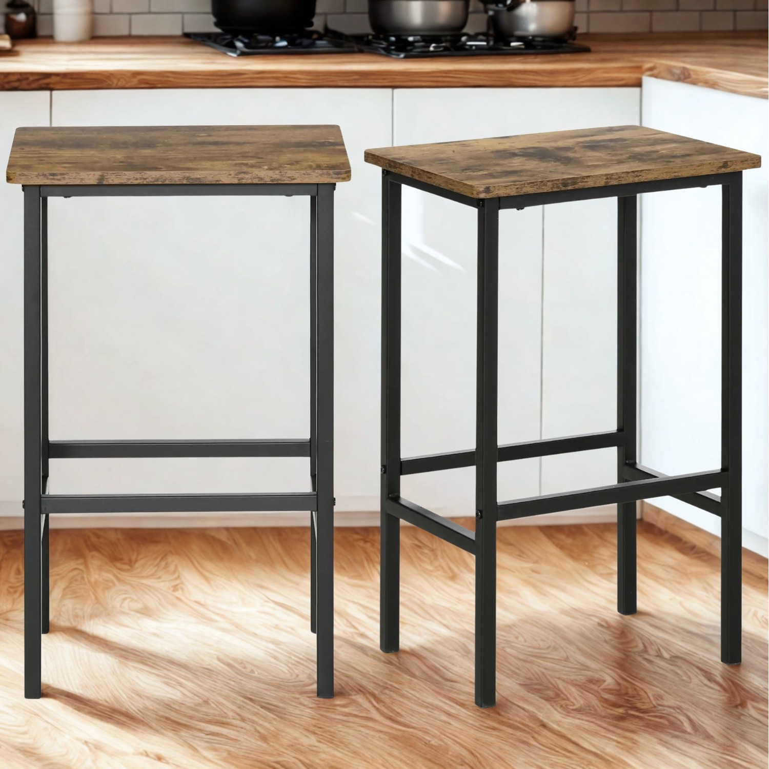 Set Of 2 Kitchen Counter Height Breakfast Bar Stools With Footrest Brown - Rustic Brown 65cm