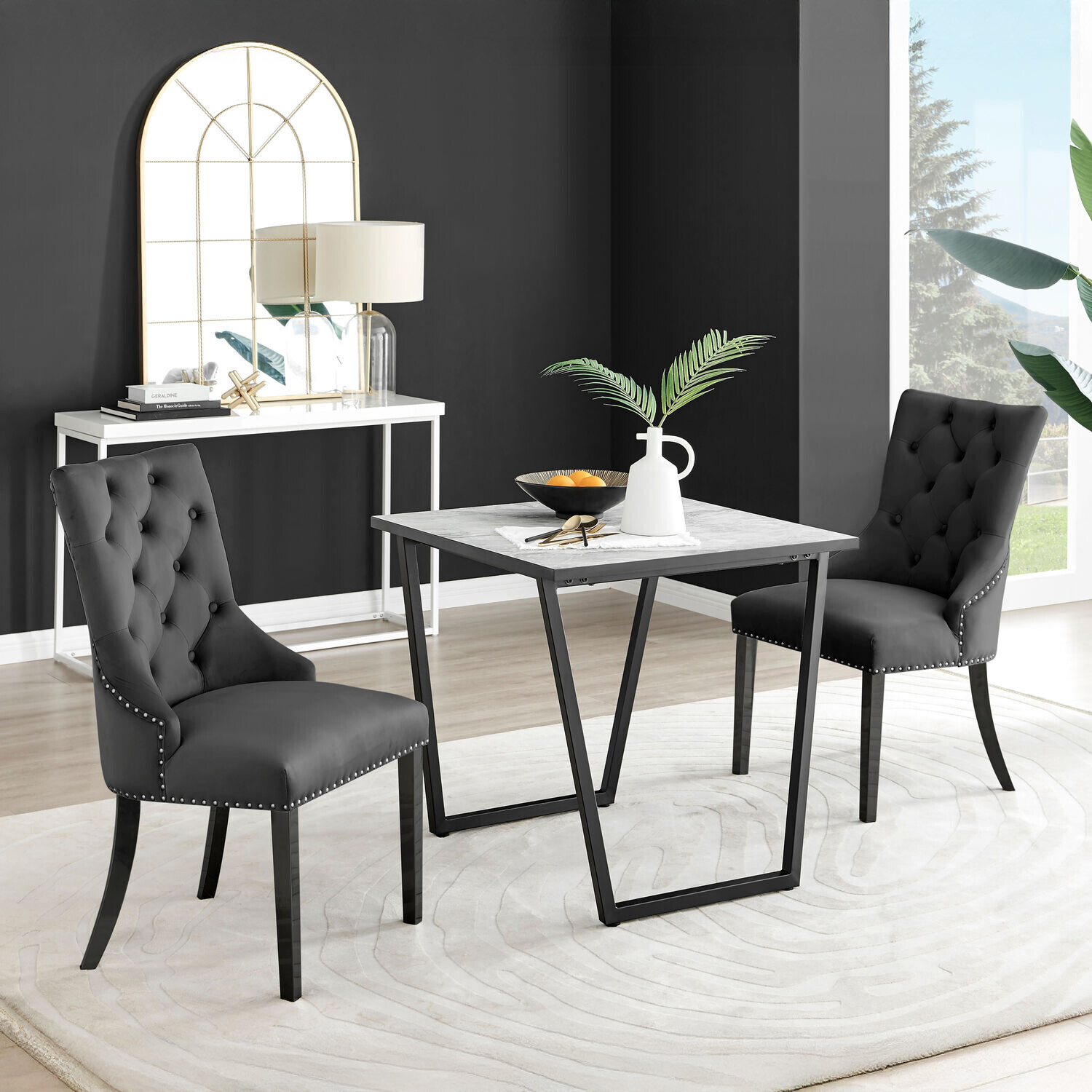 Furnitureboxuk Carson White Marble Effect Square Dining Table And 2 Belgravia Black Leg Chairs - Black