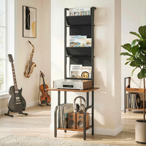 HOMCOM Vinyl Record Player Stand with Oxford Pockets Rustic Brown