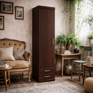 Wyld Haus Sonderborg Tall Narrow Cabinet, Dark Mahogany, 1 Door 2 Drawers