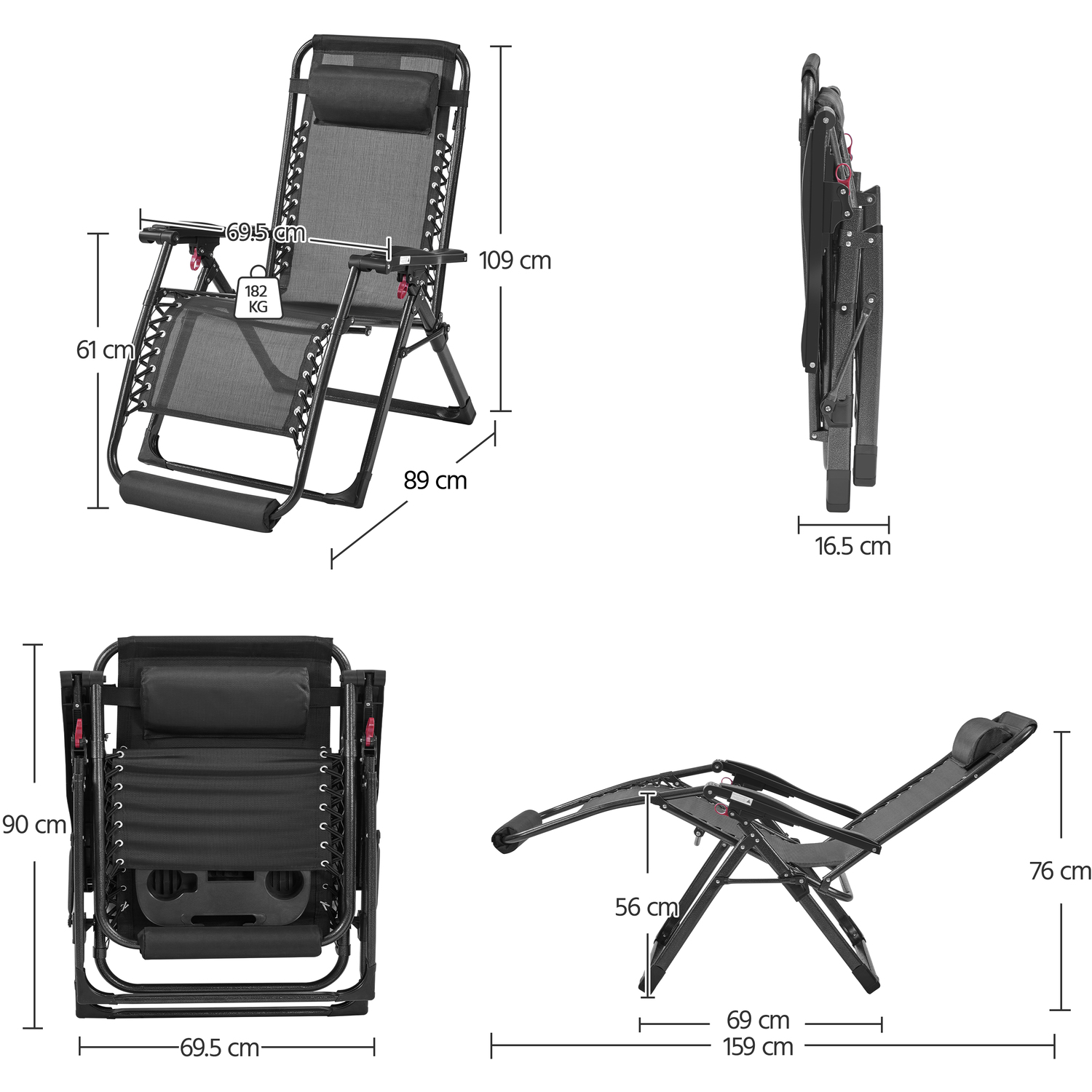 Yaheetech Soft Padded Foldable Lounge Chair - Black 70cm - Black