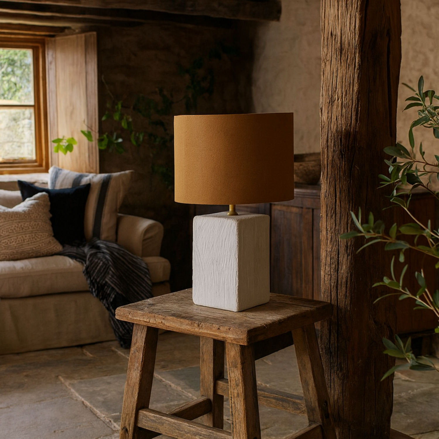 Long Island Small Rectangular Bamboo Table Lamp with Ochre Linen Shade - White