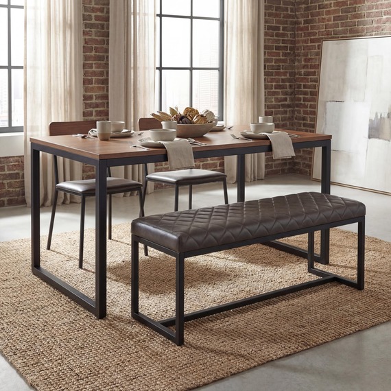 Signature Brown Leather Look Cross Stitch Bench  Black Metal Frame