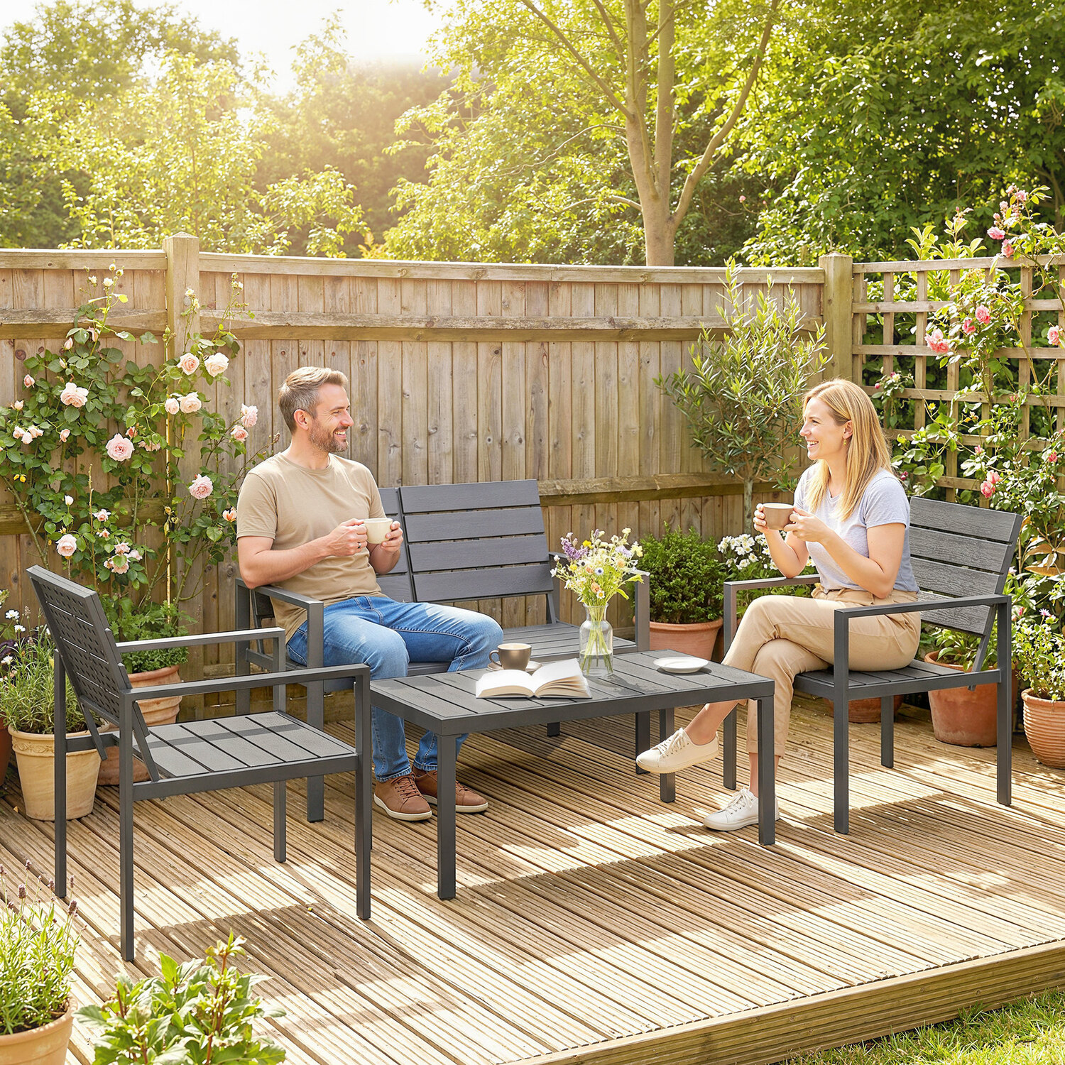 Outsunny 4 Seater Garden Sofa Set - Dark Grey - Wood Effect - Image 4