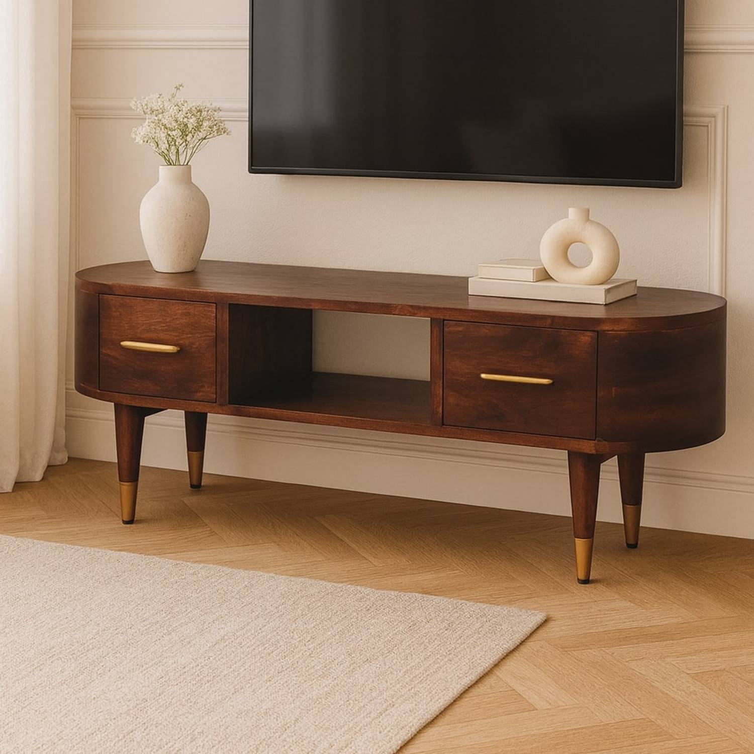 Artisan Furniture Solid Wood Two-drawer Open-slot Media Unit, Brown, Brown