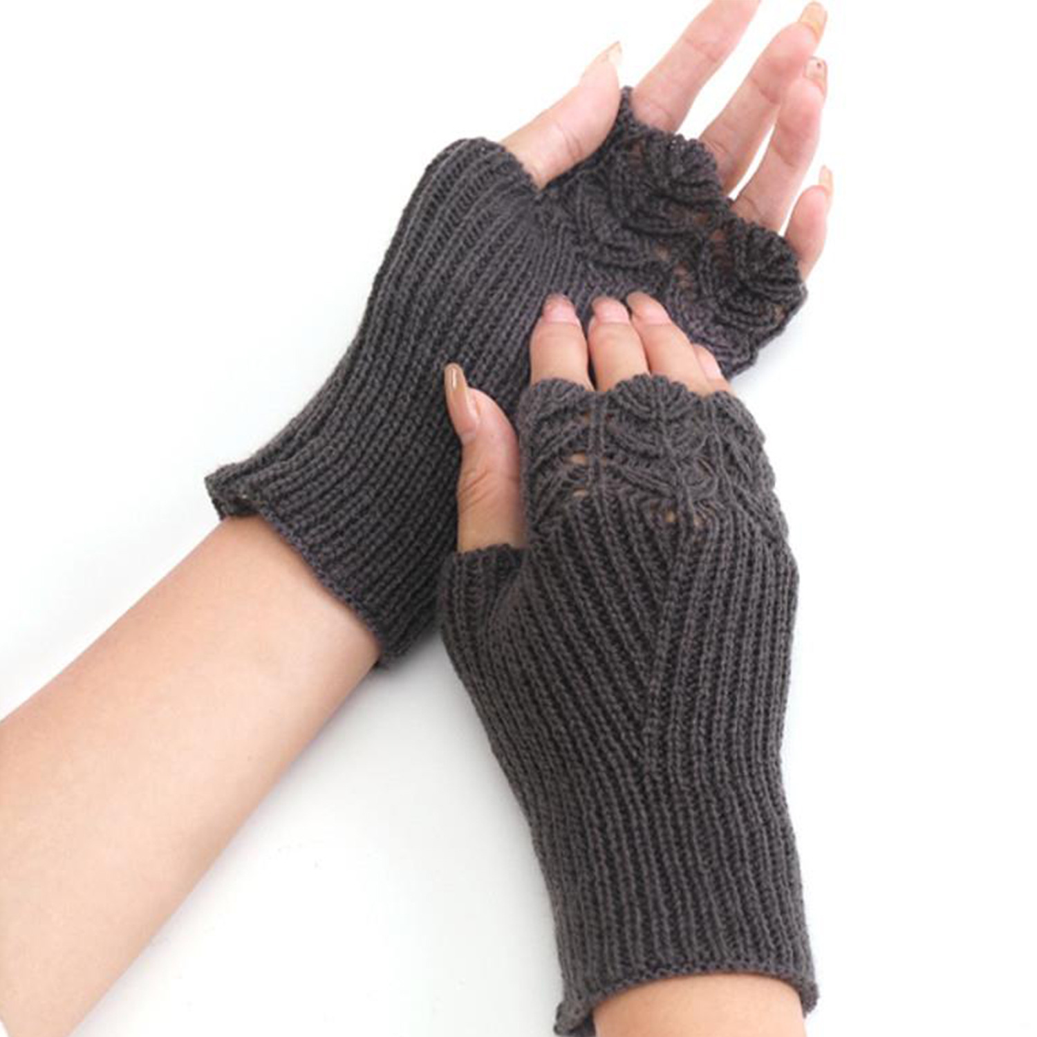 Winter Warm Knitted Half Finger Gloves - Grey