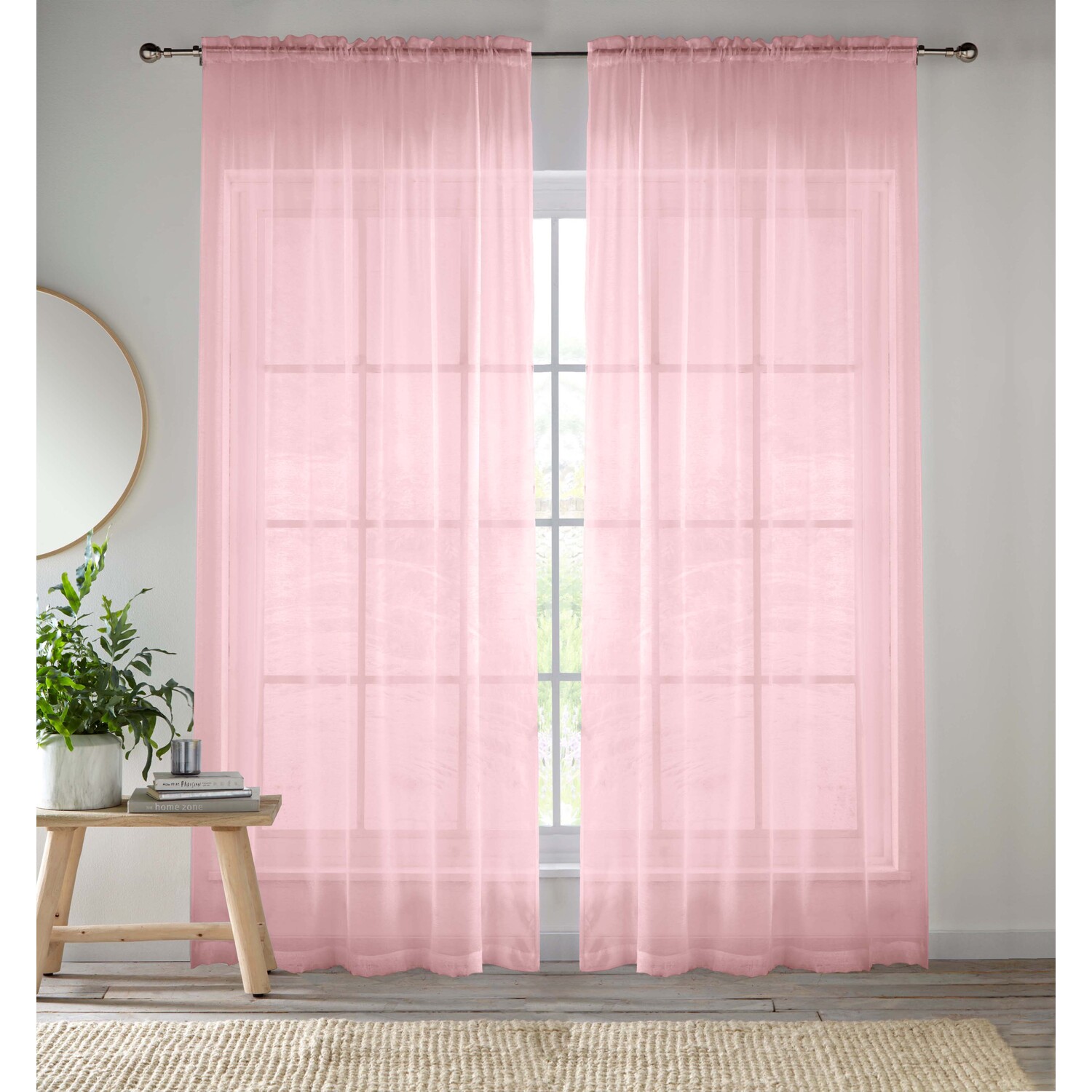 Pair of Slot Top Sheer Plain Woven Voile Curtain Panels - Pink / 122cm