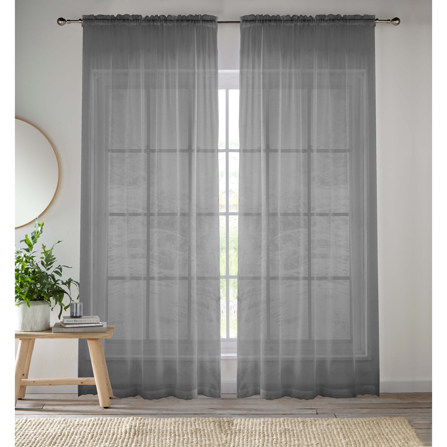 Pair of Slot Top Sheer Plain Woven Voile Curtain Panels - Grey / 122cm