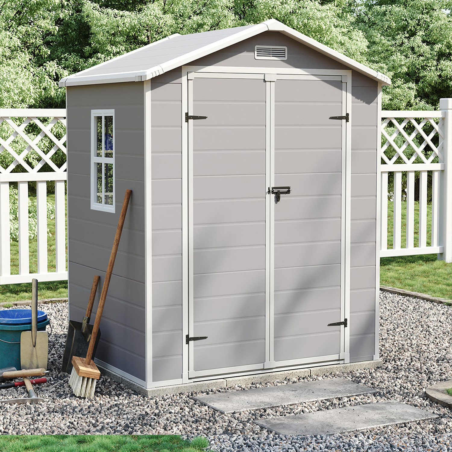 Grey Open Gable Roof Plastic Tool Storage Shed with Window and Vent - Grey / 2 / 182cm