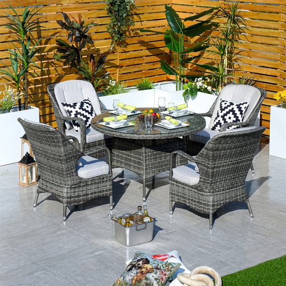 Abrihome 4 Seater Round Garden Dining Table and Chairs Set with Glass Top
