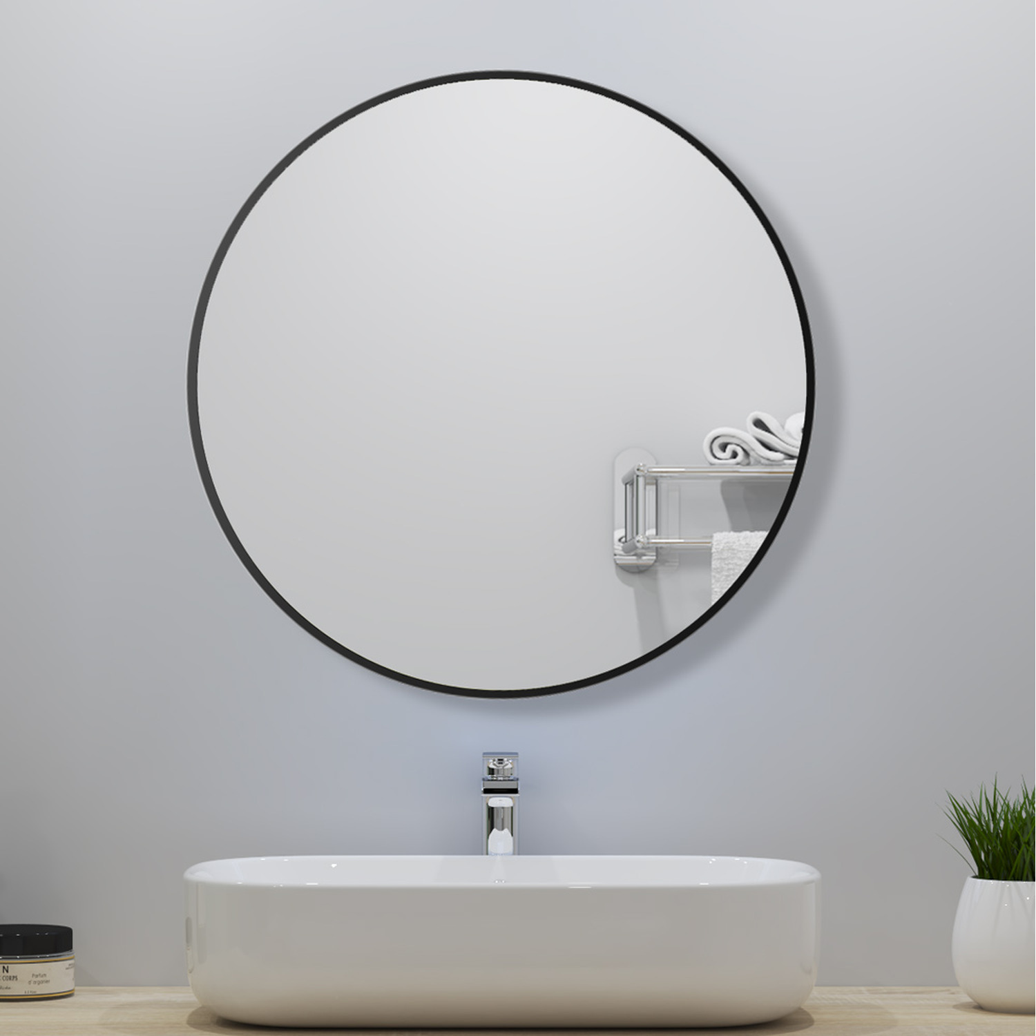 Round Black Framed Wall Mirror - Black 70