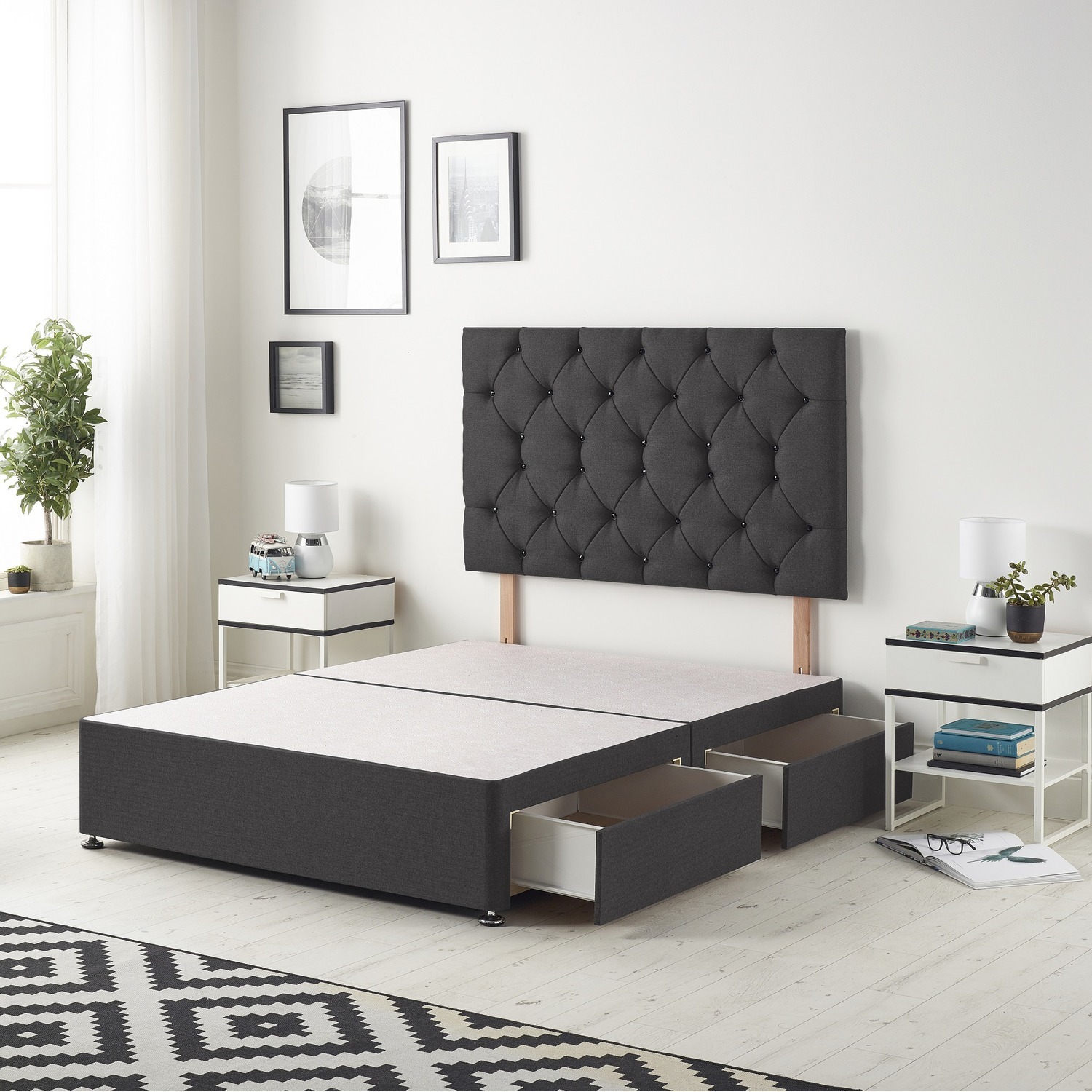 Savoy Velvet Divan Bed Base With 32 Diamante Headboard And Drawers - Black Super King 61kg