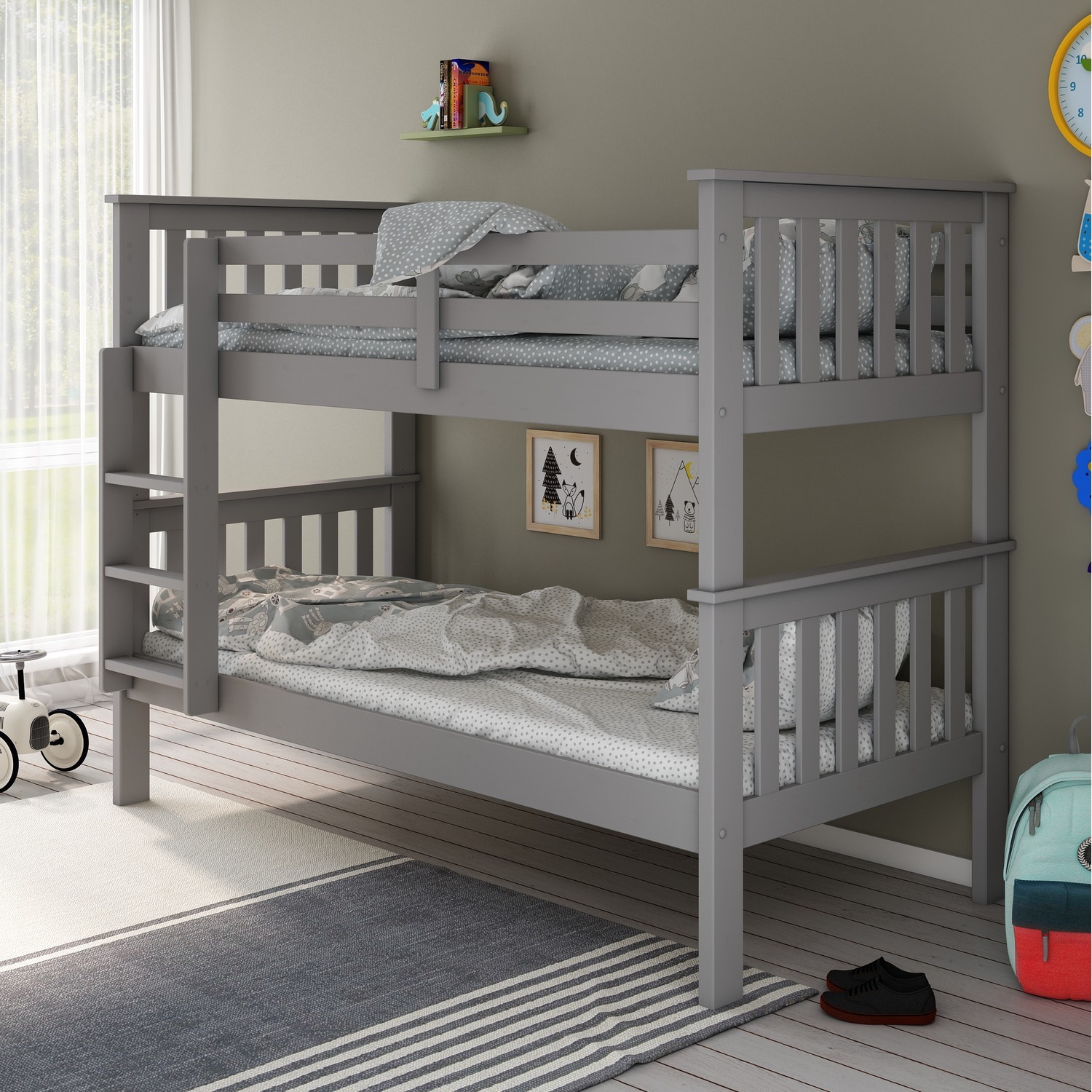 Carra Grey Wooden Single Bunk Bed - Grey 80kg Bunk Bed And Pocket Mattresses
