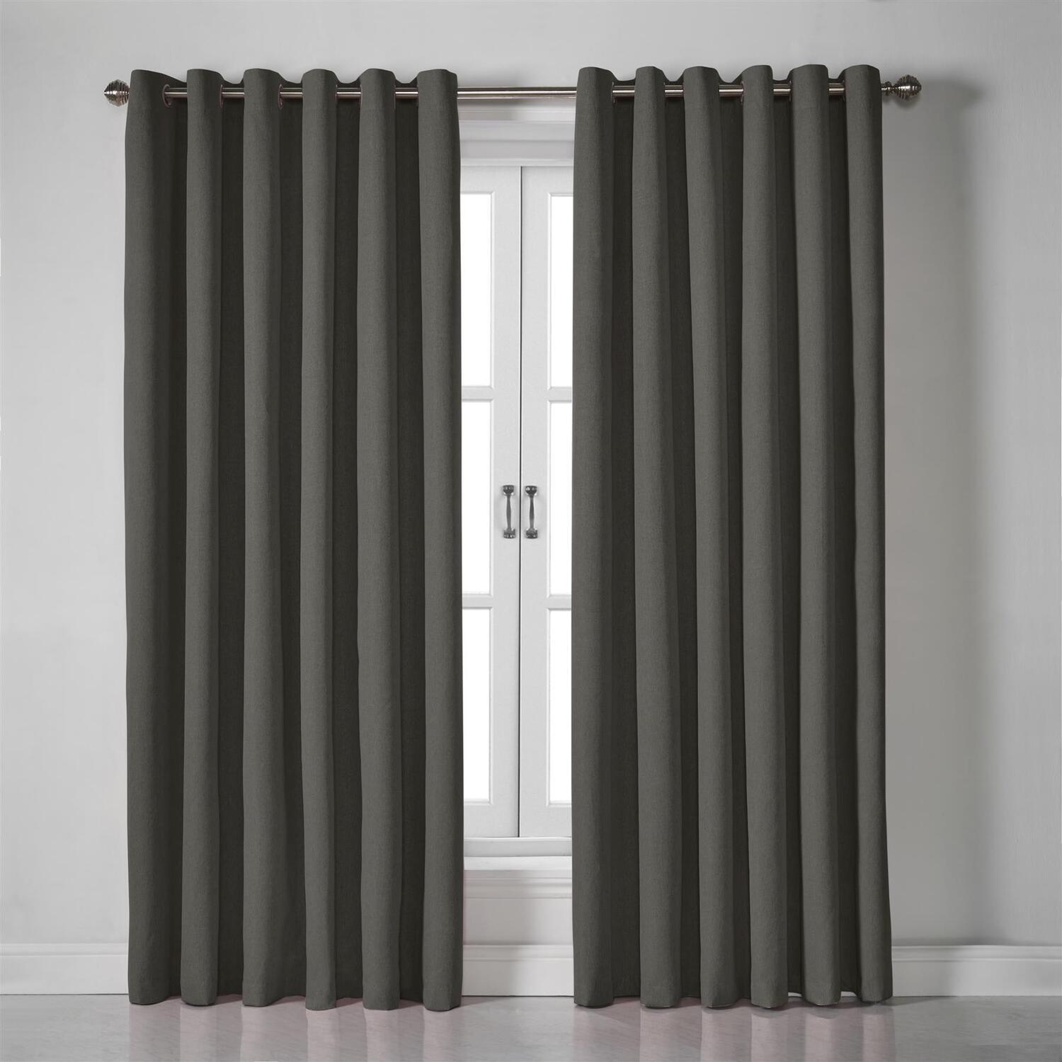 Linen Look Eyelet Ring Top Blackout Curtains - Charcoal / 110cm / 137cm