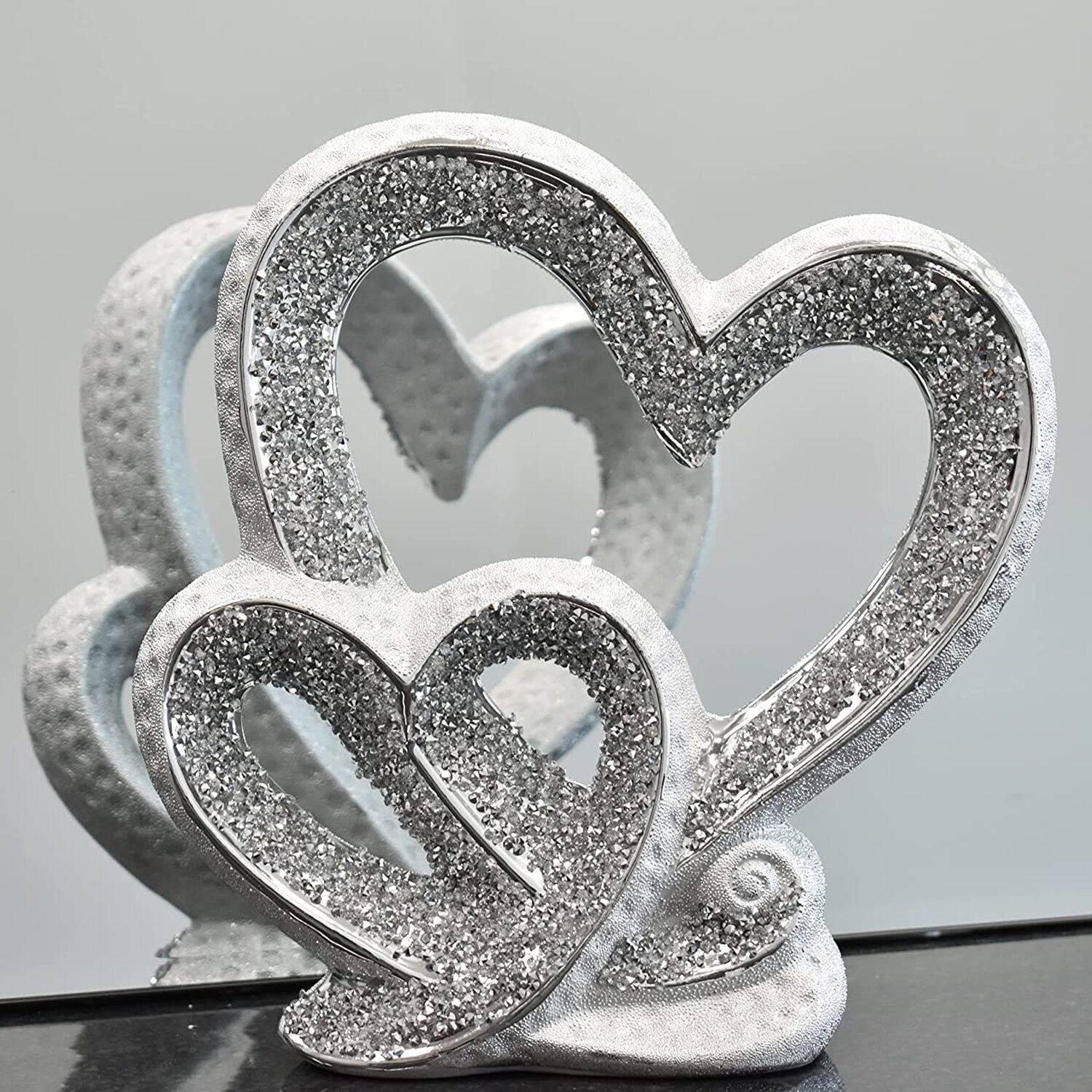 Crushed Diamond Double Heart Round Base Ornament - Silver