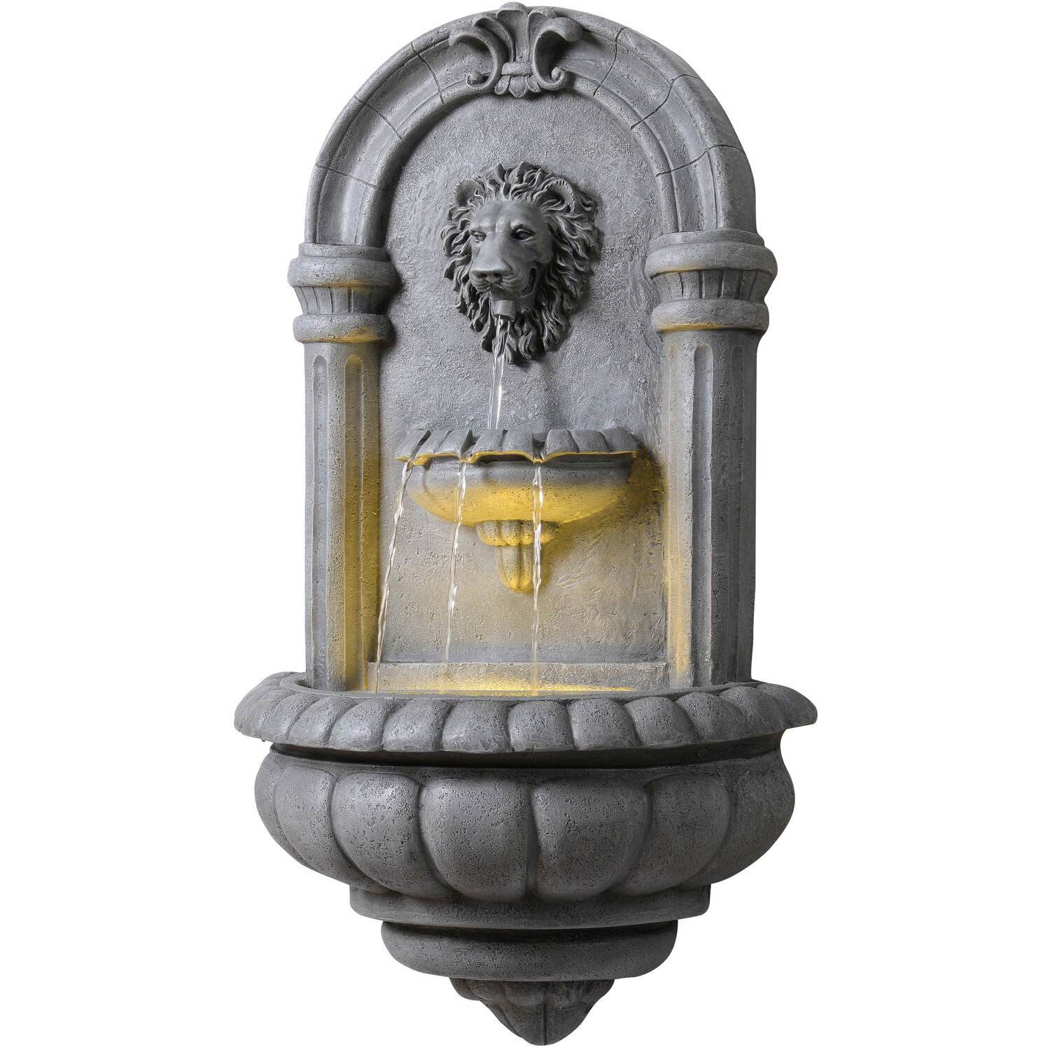 Teamson Home Lion Head Wall-Mounted Garden Fountain Led Lighting, Natural Stone - Grey
