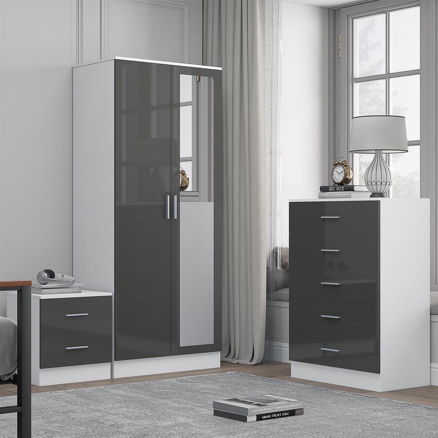 REFLECT 2dr Mirror + Chest of Drawers + Bedside - Grey/White - Image 6