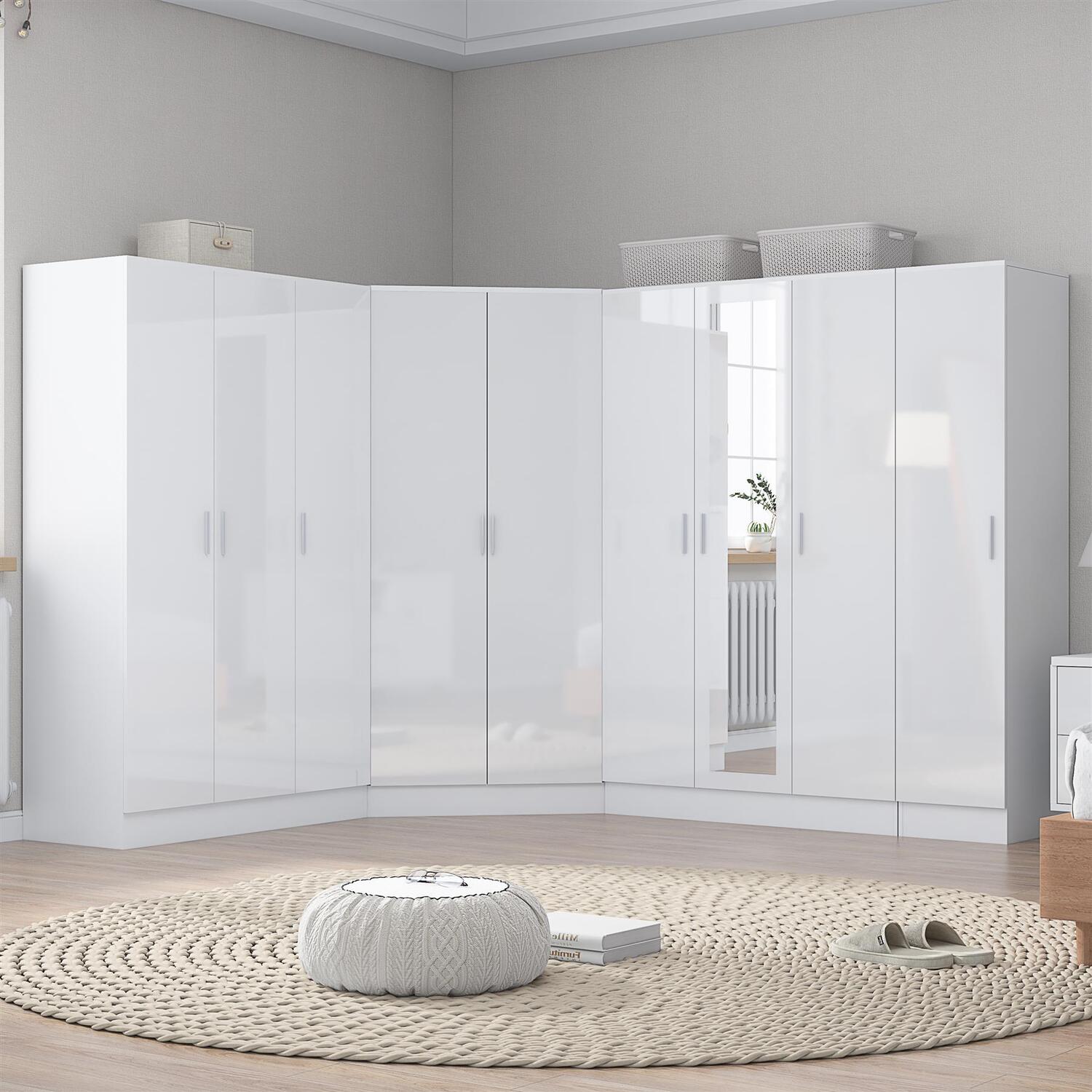 Reflect Wardrobe Bundle - Corner + 3Dr Mirrored + 3Dr Plain + 1Dr - White/White - White Gloss / Matt White - Image 1