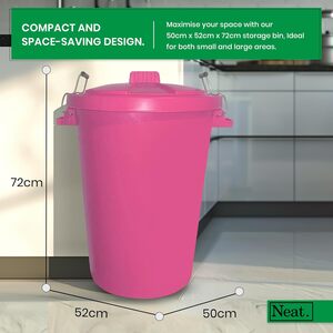 Neat. 90L Large Plastic Bin With Metal Handle, Heavy Duty Kitchen Dustbin With Lid- Pink