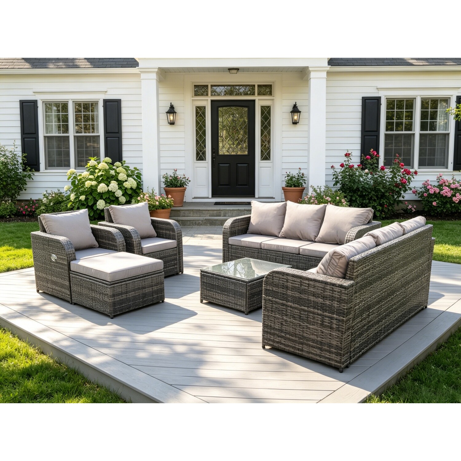 Fimous Pe Wicker Rattan Reclining Adjustable 9 Seater Sofa Set - Dark Grey Mixed