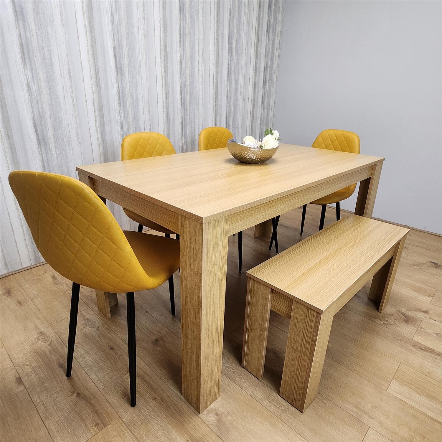 KOSY KOALA 6 Seater Light Wood Dining Table Set 4 Mustard Gem Chairs & Bench in Brown