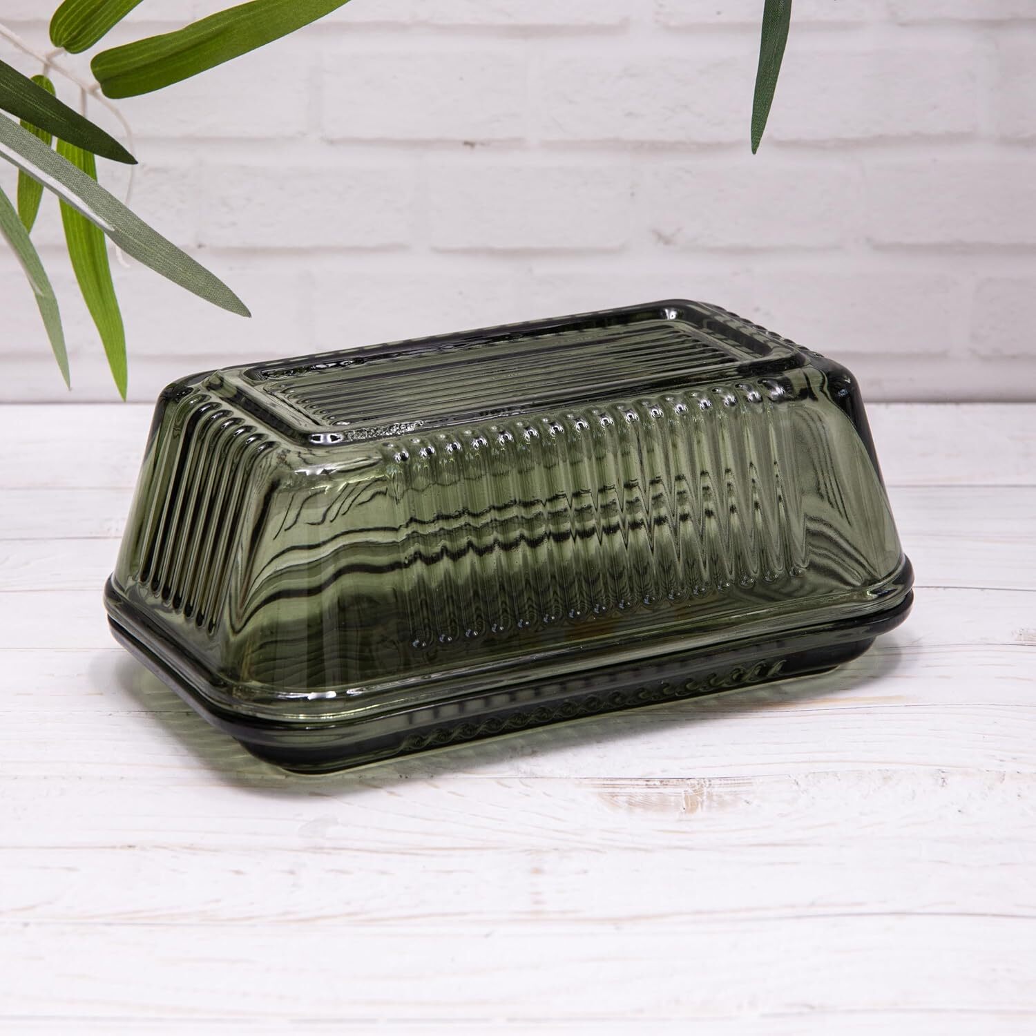 Image of Vintage Green Ridged Glass Butter Storage&hellip;