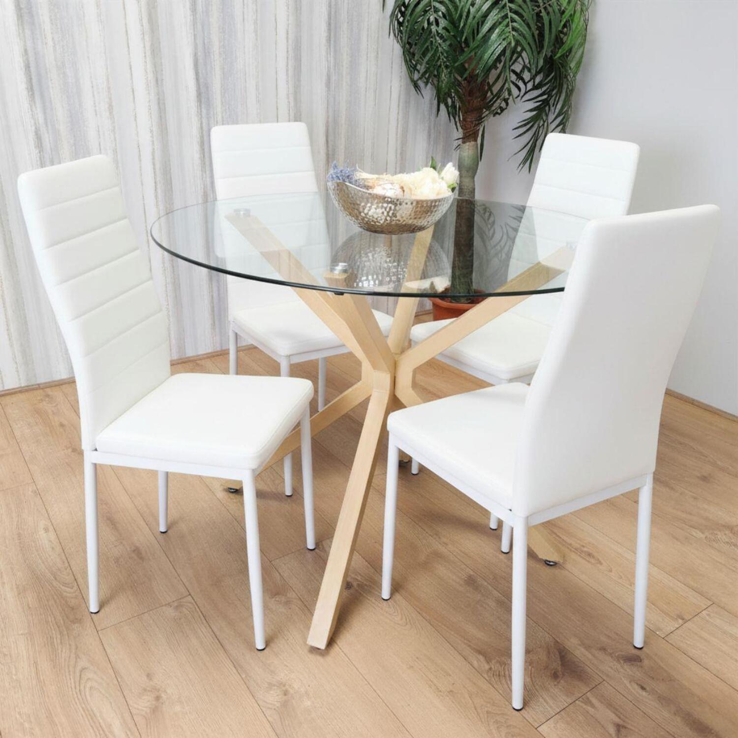 KOSY KOALA Round Glass Dining Table Set With 4 white faux leather Chairs
