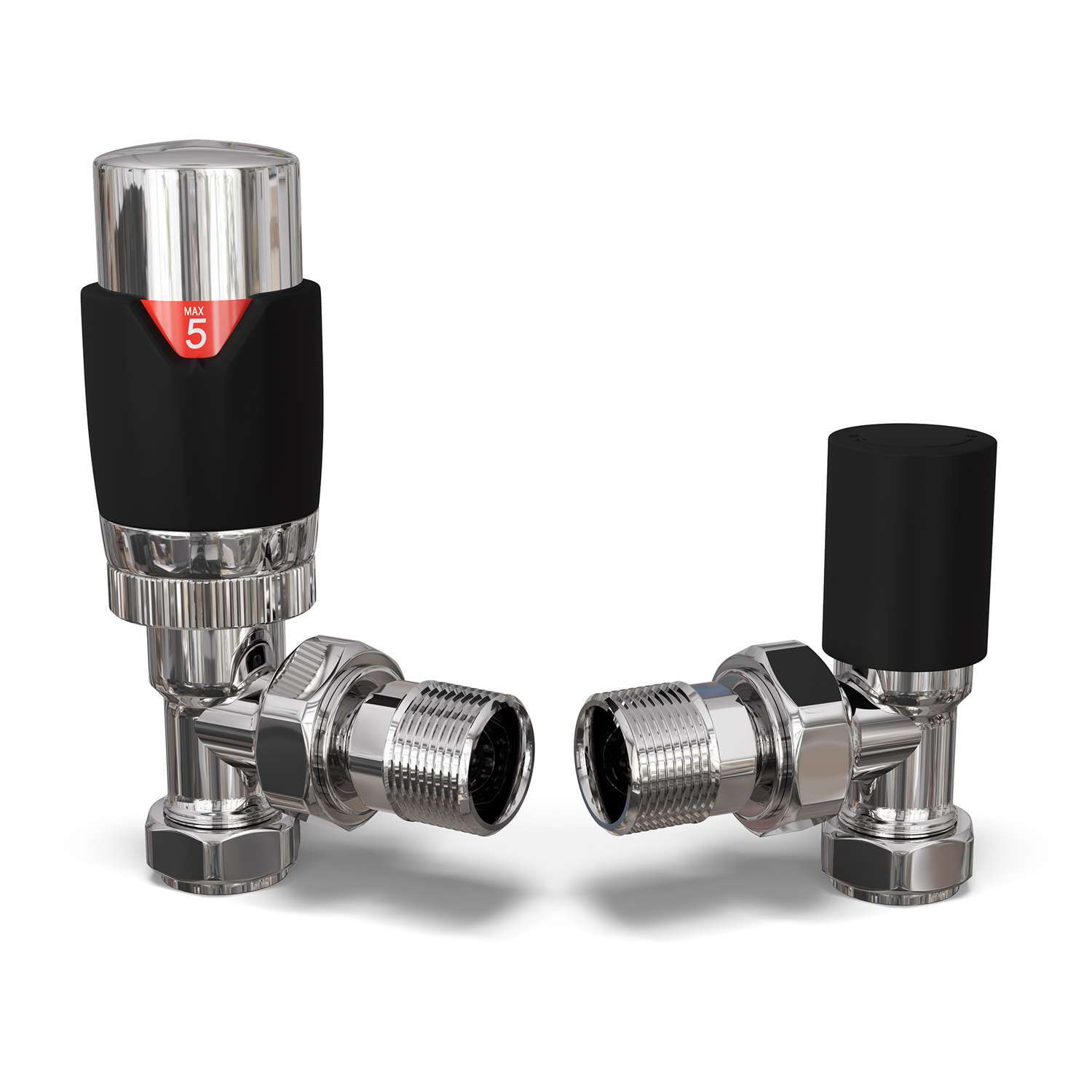 Uk Radiators Talus Flair - Chrome Thermostatic Radiator Valve & Lockshield Straight - Black / 74Mm / 122Mm / Trv Valve Head, Lockshield, Pair Of 8Mm Valve Reducers