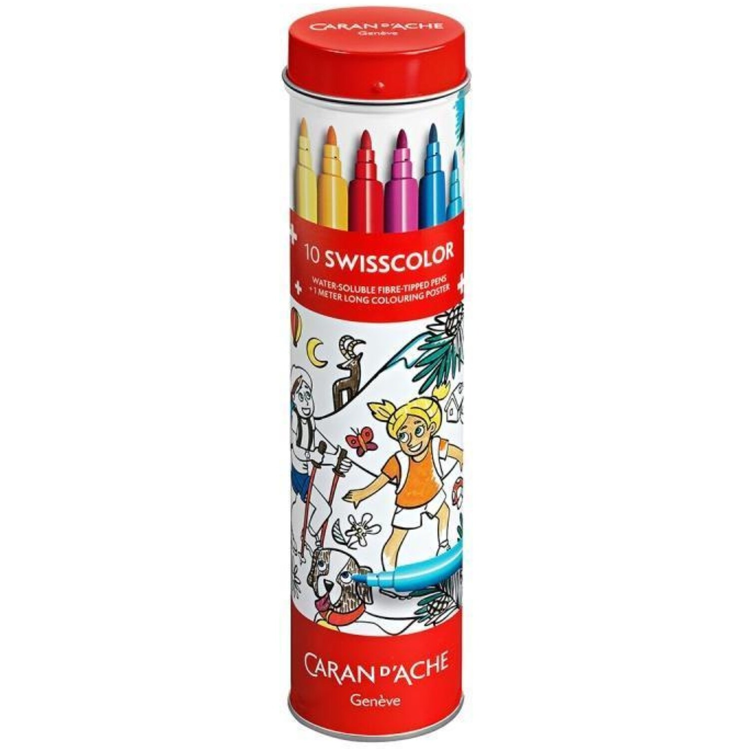 Caran D'ache Swisscolor 10 Water-Soluble Fibre Felt Pens With Poster In Metal Cylinder - Assorted Colours