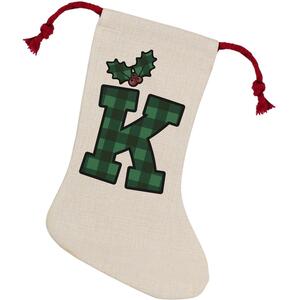 Green Tartan Alphabet Letter K Stocking - Novelty Xmas Gift - Linen-Style With Red Drawstring Ties
