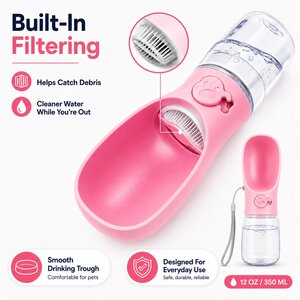 Pink 350ml Portable Dog Water Bottle with Built-In Bowl and Leak-Proof Locking Lid for Walks