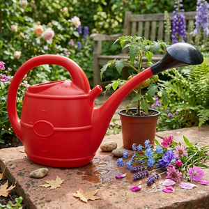 2 x Red 10L Watering Cans With Sprinkler Rose Heads & Handles