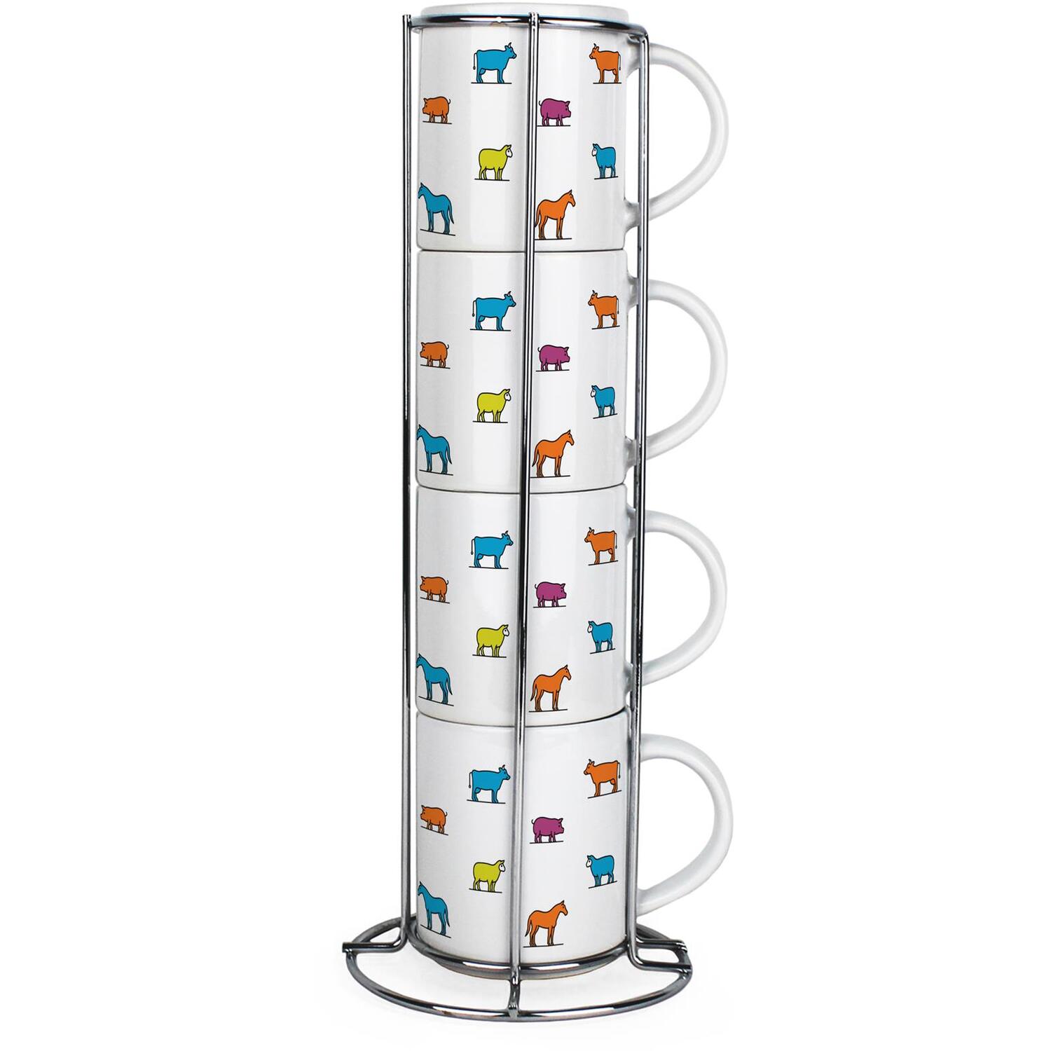 Purely Home Farm Animals Small Stacking Mugs Gift - Set Of 4 Ceramic Cups With Metal Stand - Multicoloured - Image 1