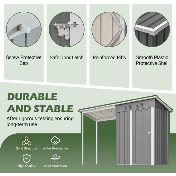 BIRCHTREE Garden Shed With Extended Roof 10x2.7FT Grey