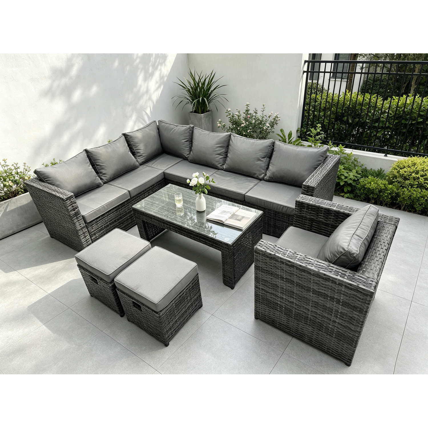 Fimous Unisex Dark Grey Seater Rattan Corner Sofa Lounge Sofa Set With Rectangular Coffee Table 2 Stool Left Hand In Size 9 - Image 2