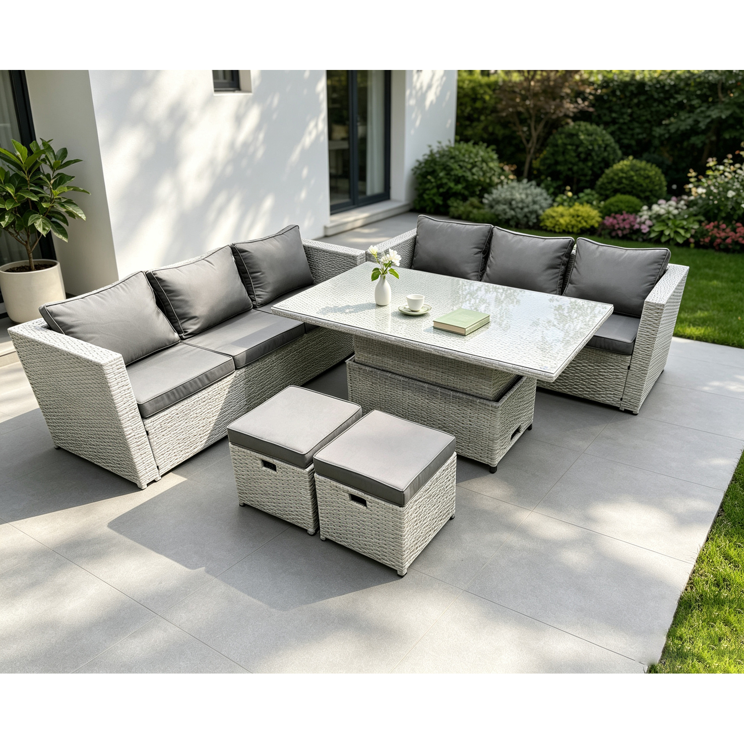 Fimous Unisex Light Grey Rattan Garden Funiture Set Height Adjustable Rising Lifting Table Sofa Dining Set With 2 Footstools In Small - Image 2