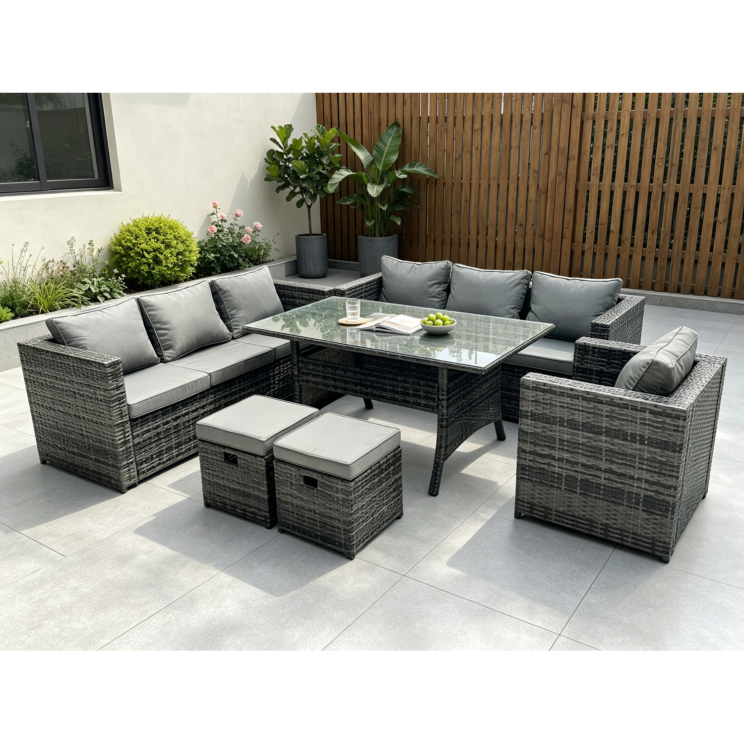 Fimous Unisex Dark Grey Lounge Sofa Garden Furniture Set Rattan Rectangular Dining Table Patio Chair With 2 Footstool 9 Seater In Small - Image 2