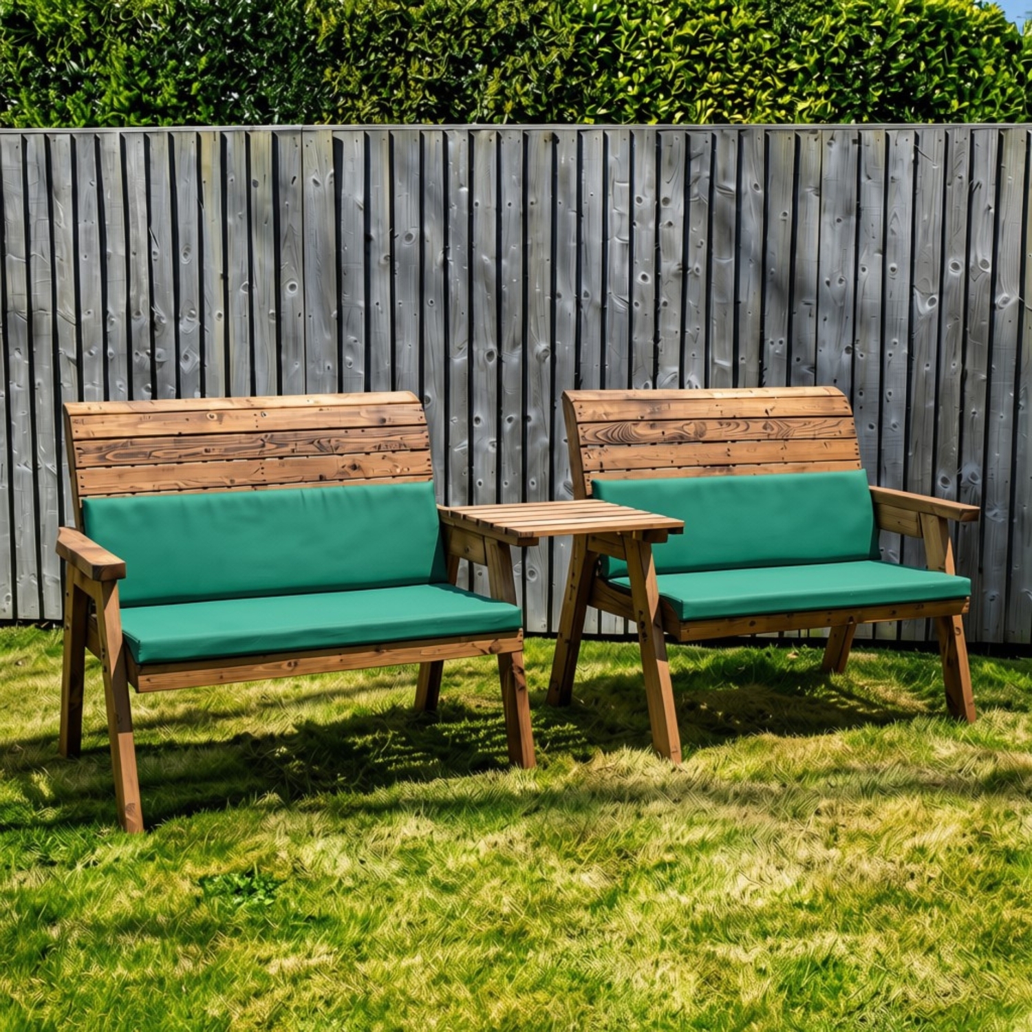 Rackhams Green Hand Made 4 Seater Chunky Rustic Wooden Furniture With 2 Benches, Straight Tray & Cushions - Image 2