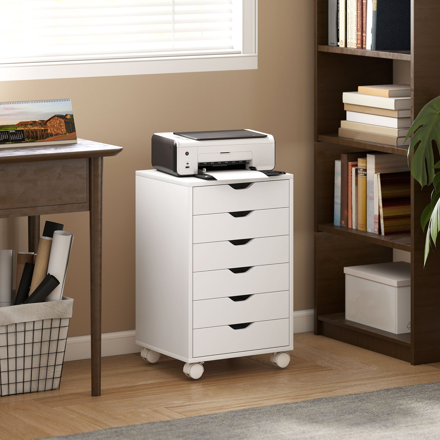 Homcom 6 Drawer Vertical File Cabinet With Quiet Drawers And Wheels, White, White - Image 2